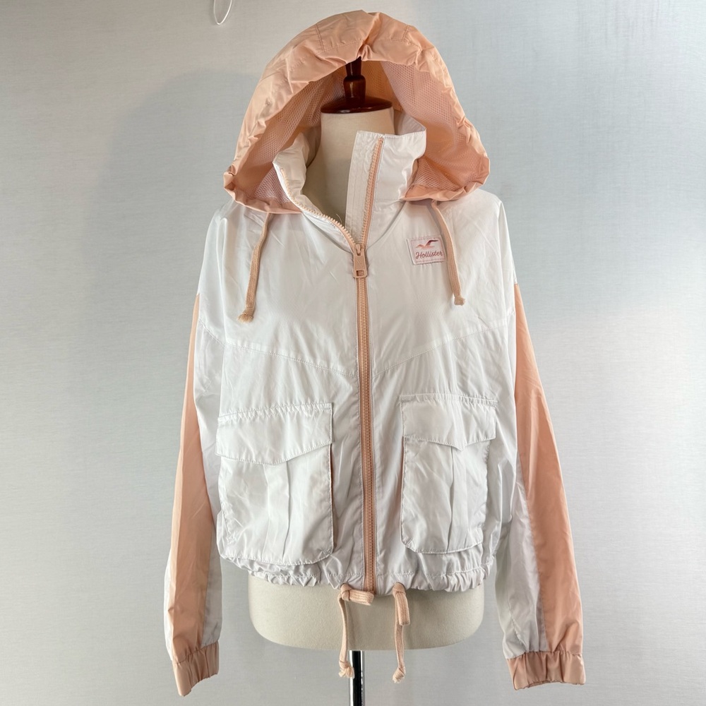 Hollister Peach and White Hooded Windbreaker Jacket